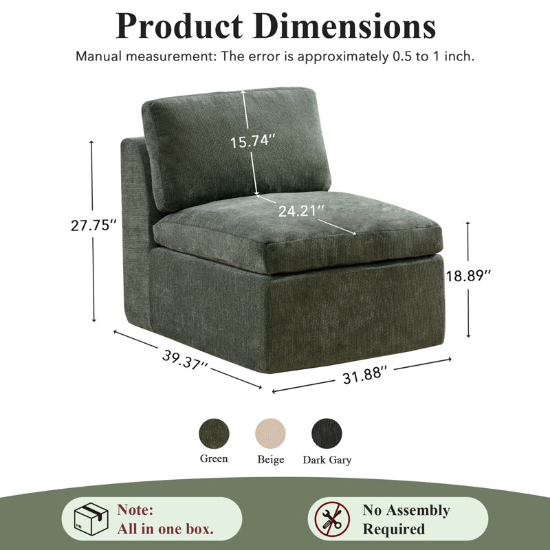 Fauteuil d'appoint rembourré sans accoudoirs avec coussin décoratif, aucun assemblage requis, Dark Green