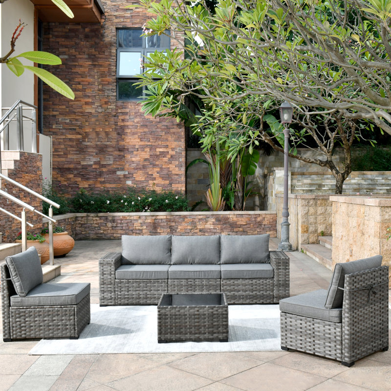 Ensemble de mobilier de patio en osier pour 5 personnes avec coussins confortables et table basse, Gris foncé