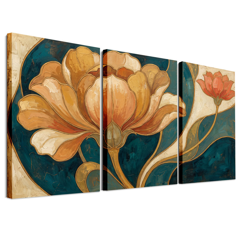 Grande fleur orange avec motif sarcelle et doré, ensemble de 3 toiles, H 24 po x l 16 po x 3 pièces
