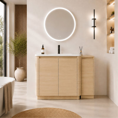 Meuble-lavabo autoportant de 48 po avec lavabo en céramique blanche et 1 petite armoire de rangement, porte à fermeture douce, chêne blanc américain, contreplaqué (Kd-Packing)