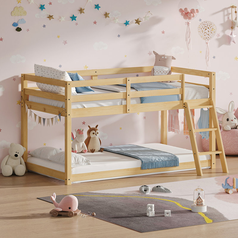 Kids Twin Low Loft Bed - Convertible To Bunk Bed, Solid Wood Modern Bed Frame With LED Strip Lighting, OAK., Oak