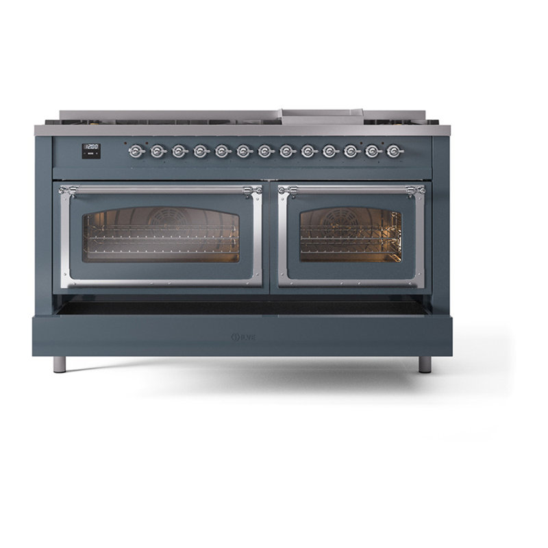 Cuisinière à double combustible ILVE Nostalgie II Series 60 po avec 9 brûleurs scellés et plaque de cuisson (gaz naturel, porte vitrée)