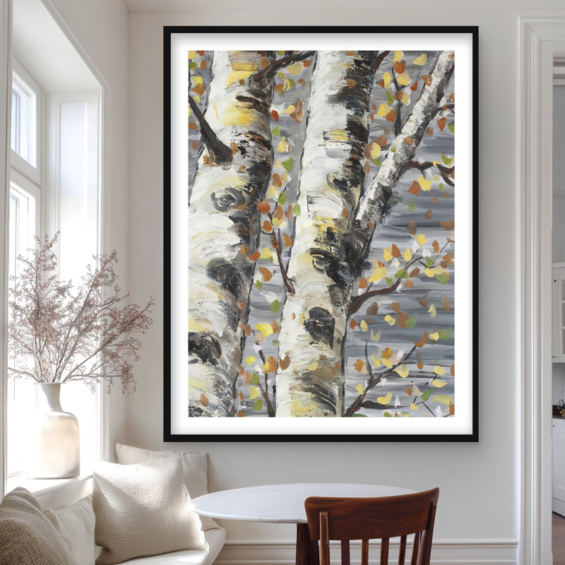 «Budding White Birches - Grey Landscape», reproduction d'art encadrée, H 48 po x l 36 po, Noir