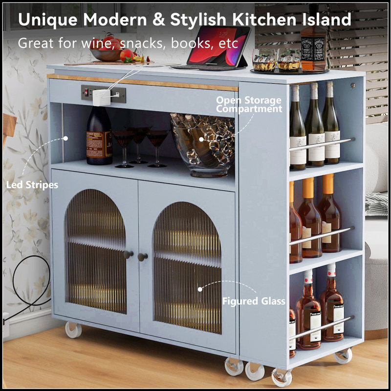 Îlot de cuisine roulant avec table allongée et lumières DEL, pour une organisation de cuisine flexible et fonctionnelle, Gris