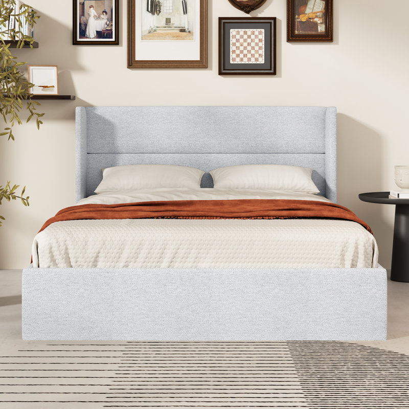 Structure de lit tapissier Annek avec rangement relevable, tête de lit à oreilles de H 40,9 po, lattes de bois et structure en métal, plusieurs tailles et options de tissu disponibles