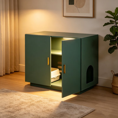 Enceinte de litière pour chat 2 en 1 avec rangement, armoire à litière cachée et salle de bain pour chat avec trous ventilés, table de bout à deux portes pour animal de compagnie convenant à la plupart des bacs à litière