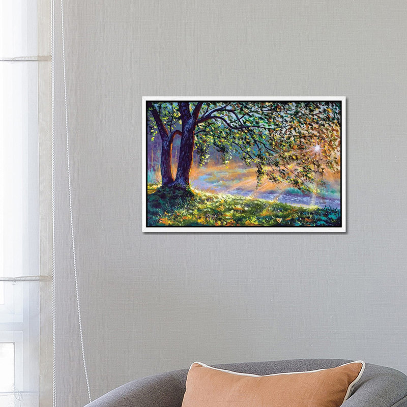 First Sun Rays in River. Big Trees and Warm Sunny Grass 1 Piece Painting on Canvas, 45.72cm H x 66.04cm W x 3.81cm D