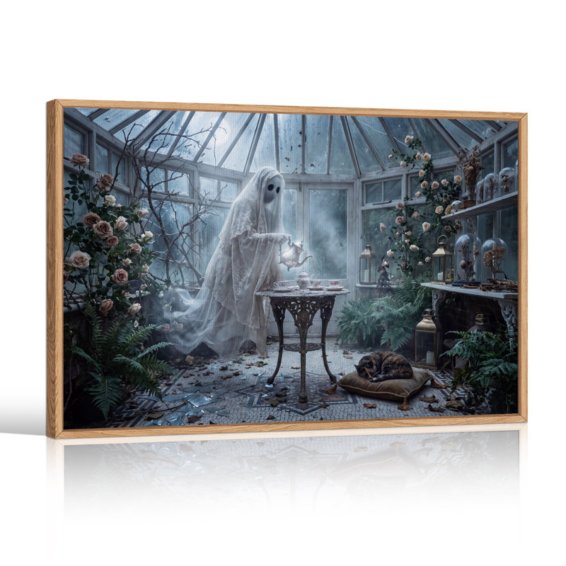 Fantôme versant du thé dans une serre en verre avec des roses - Toile murale d'Halloween, H 32 po x l 48 po