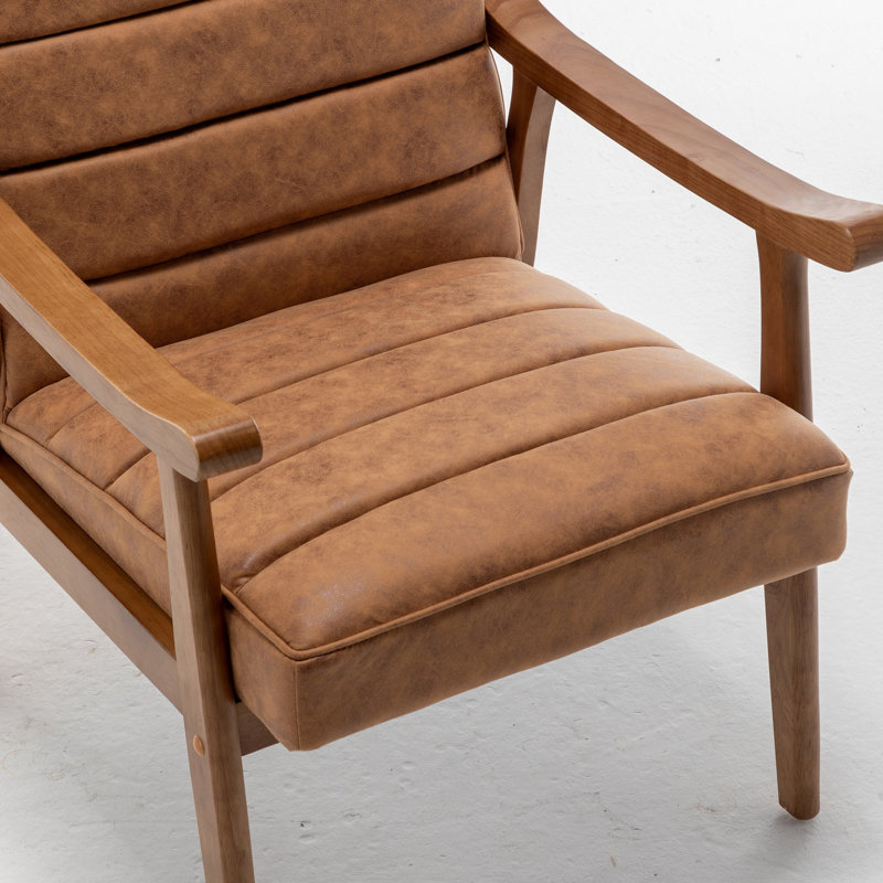 Fauteuil d'appoint de style Mid-Century moderne, fauteuil en microfibre d'aspect cuir avec structure en bois massif avec accoudoirs à structure ouverte, siège et coussin de dossier rembourrés pour le salon