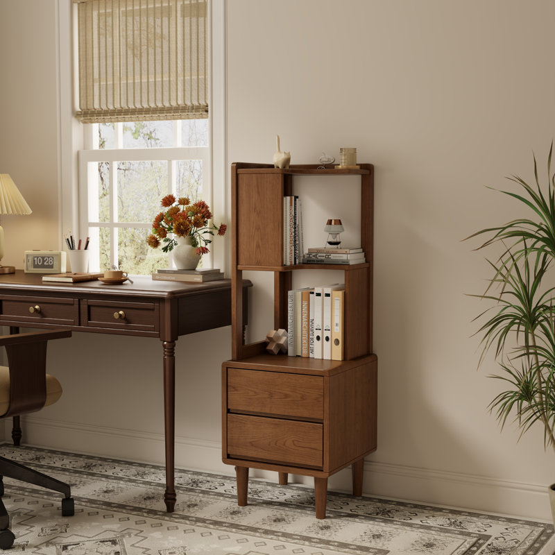Table de chevet en bois massif avec 2 tiroirs et une tablette ouverte réversible, Brun