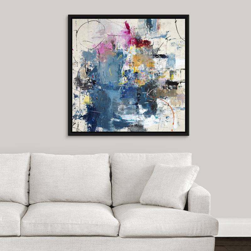 « justified play time », peinture sur toile, H 37,7 po x l 37,7 po x P 1,75 po, Cadre flottant noir