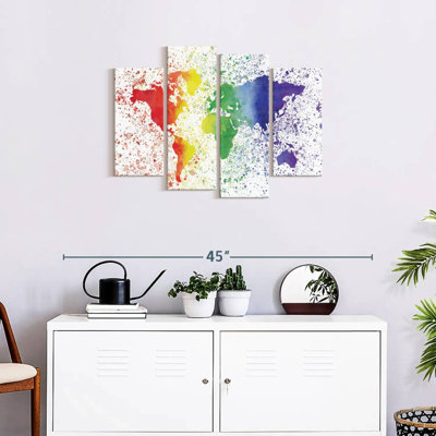 «World Map Rainbow Splatter World Map», reproduction sur toile 4 pièces par Naomi Heart