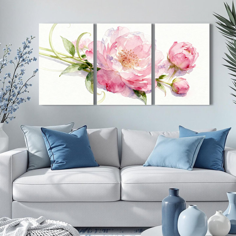 Pivoine rose, aquarelle sur toile, ensemble de 3 panneaux, impression botanique élégante pour le salon ou la chambre à coucher