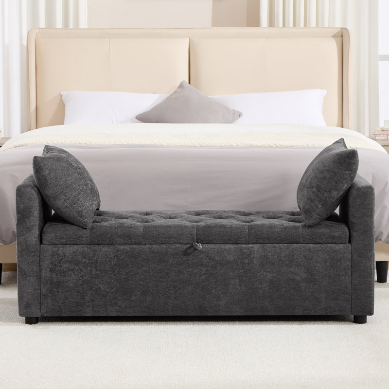 Banc de rangement capitonné en chenille avec accoudoirs et coussins, banc de repose-pieds bleu pour chambre à coucher
