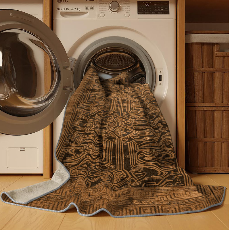 Tapis art déco brun lavable à la machine, Carré 3 pi