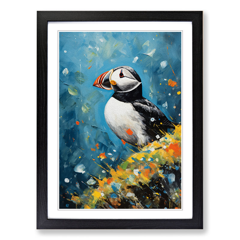 Puffin Action - Single Picture Frame Print on Wood, Black Framed, 34cm H x 25cm W x 2cm D