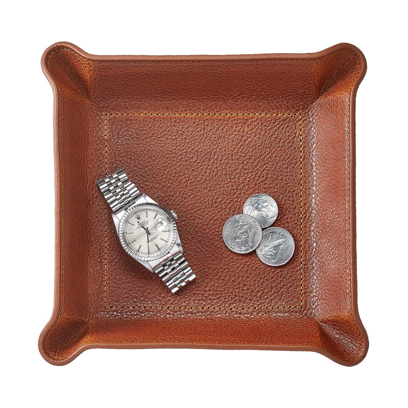Harness Leather Bedside Catchall Tray, 6.5" W x 1.4" D x 6.5" H