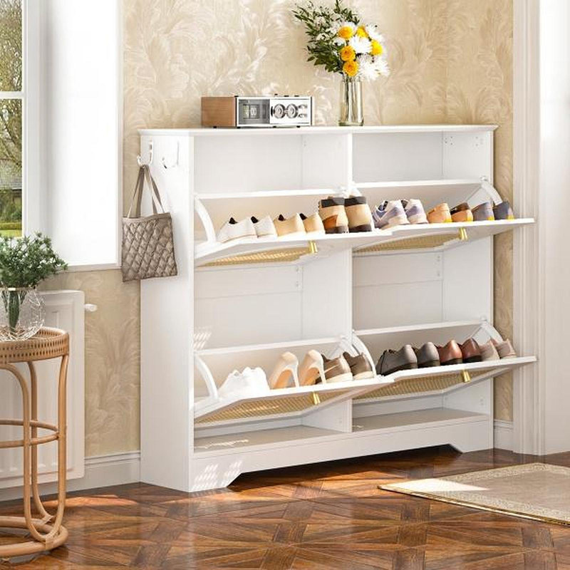 Mid-Century Narrow Design Tipping Bucket Shoe Cabinet With 4 Flip Drawers, Elegant Entryway Shoe Organizer With 4 Rattan Doors, Freestanding Shoe Rack With 2 Silvery Hooks For Hallway, White, 42.1"W