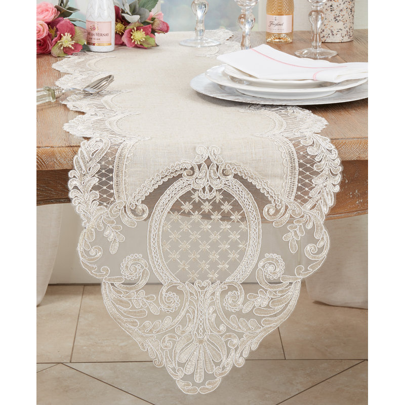 Elegant Embroidered Lace Table Runner, 120" x 16", Natural