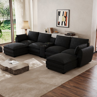 145'' U Shape 145'' U Shape Chenille Sectional Sofa with Console and Cup Holders