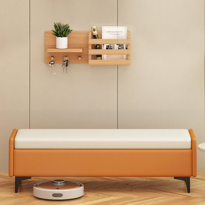 Upholstered Bench, Orange/Beige, 15.75" H x 62.99" W x 15.75" D