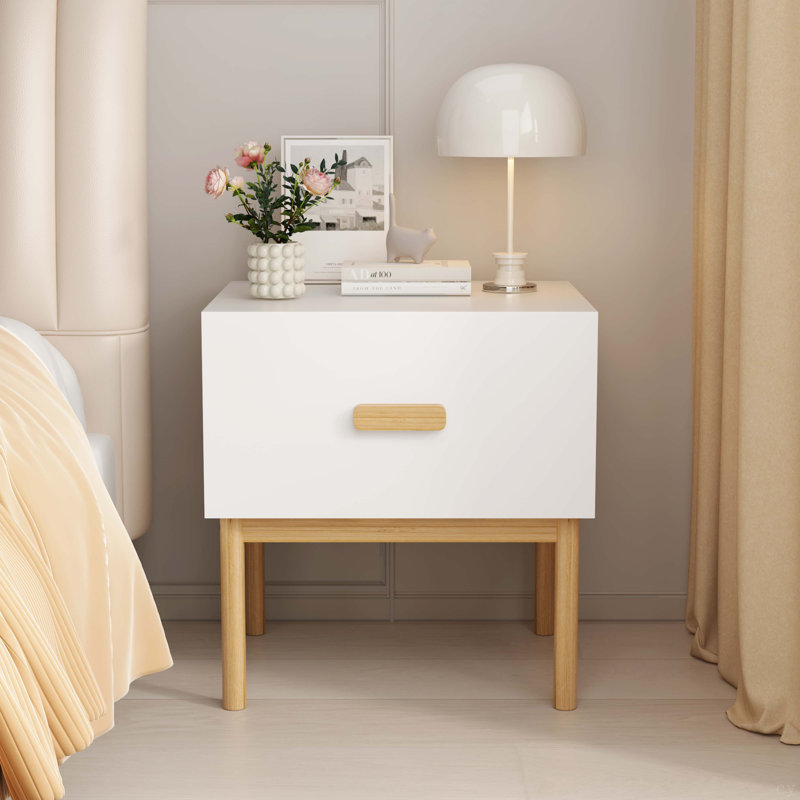 Table de chevet blanche moderne avec tiroir et pieds en bois, table de chevet minimaliste avec poignée pour chambre à coucher, salon, appartement