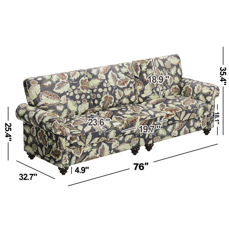 Clearance - Vintage Floral 3-Seat Classical Sofa With Gourd Solid Wood Legs