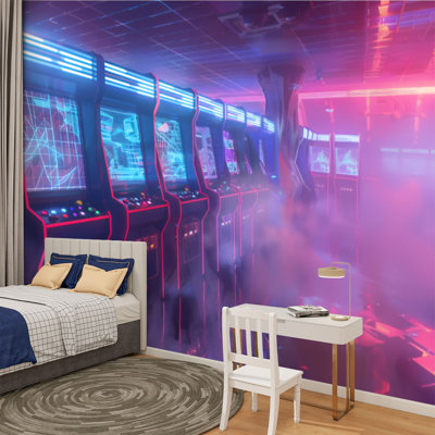 Peel and Stick Canvas Wallpaper Wall Mural Nostalgic Arcade Ambience Wall Art Self Adhesive and Removable