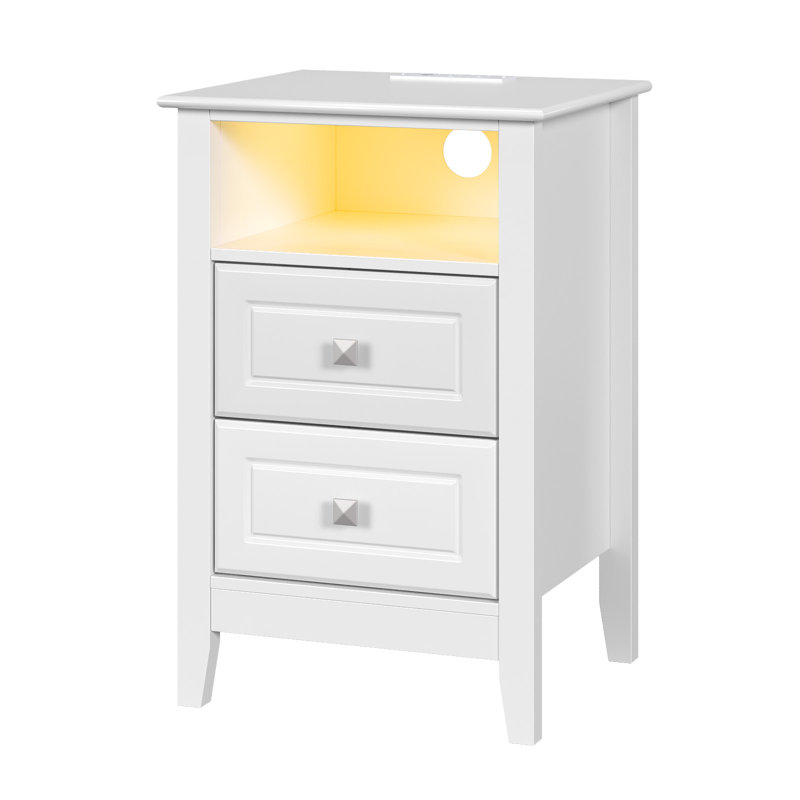 15.75 Inch 2 Drawer Vredenburgh With Shelf Power Outlets And RGB LED Lights, White