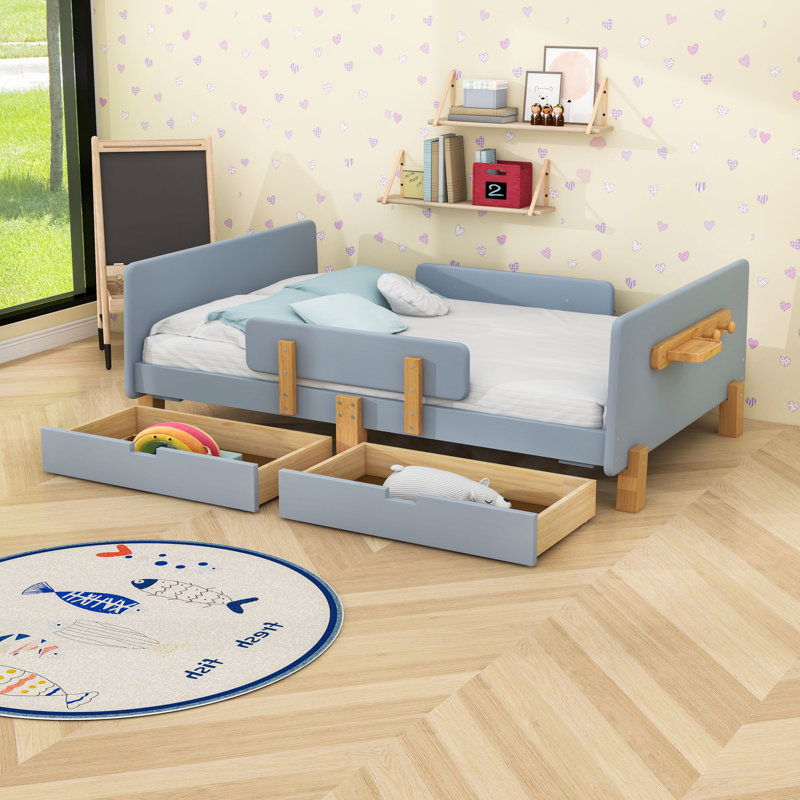 Lit plateforme en bois avec 2 tiroirs et crochets, Gris, Lit double