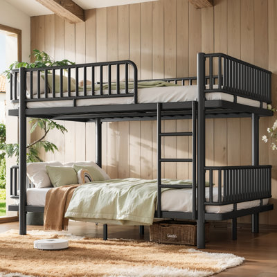 Lit superposé en métal grand sur grand avec conception de tuyau rond de sécurité, cadre de lit superposé robuste avec garde-corps et échelle, peut être séparé en 2 lits, conception peu encombrante avec rangement sous le lit, assemblage facile, noir
