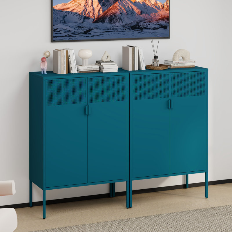Double-door metal edge cabinet, storage cabinet with magnetic mesh door, Blue