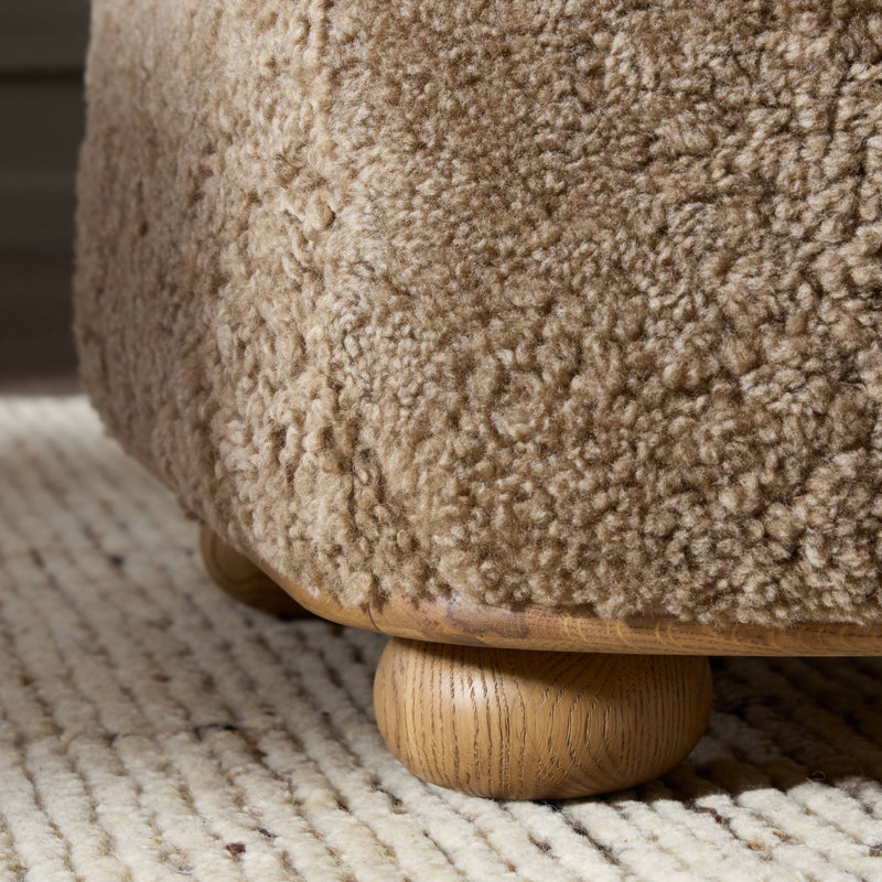 Bilbury Oval Ottoman-Taupe Shearling, Taupe Genuine Fur, Worrn Oak