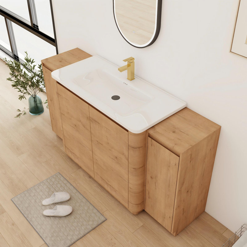 Meuble-lavabo sur pied simple 64 po avec plateau en céramique, armoire de rangement et tablettes 64 po, 64"