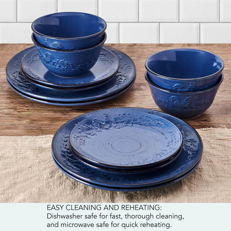 Trellis Blue Ceramic Rooster 12-Piece Dinnerware Set