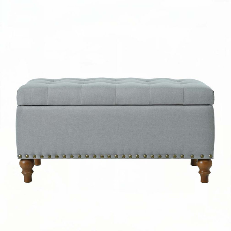 Ottoman storage bench, recessed support hinge top easy to open, rivet trim around, bedroom, entrance, living room, linen