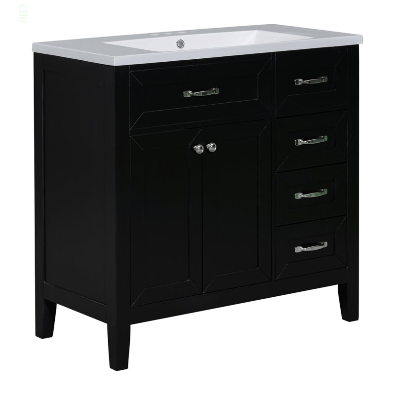 Ensemble de meuble-lavabo 36 po avec lavabo, armoire de salle de bain noire avec tiroirs, structure solide et panneau de fibres à densité moyenne