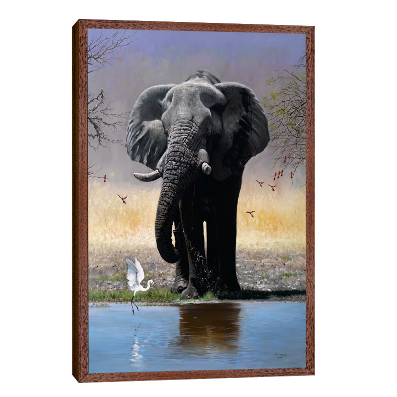 Elephant, Egret & Carmines by Pip McGarry - Print on Canvas, 101.6 cm H x 66.04 cm W, Brown Framed