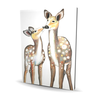 Cerf avec son fauve - art sur toile beige pour la décoration des enfants
