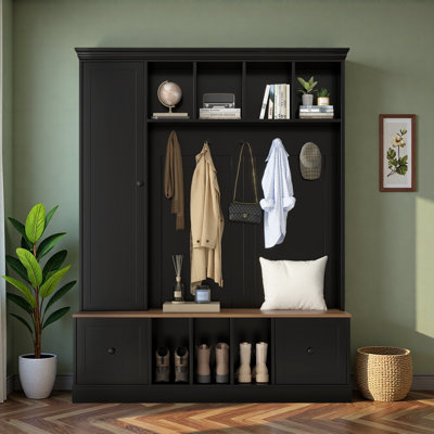 62.2''W Farmhouse Hall Tree with Shoe Storage Bench, Entryway Coat Rack with 5 Hooks, Adjustable Shelf Cabinet with Drawers for Hallway, Entryway, Liv