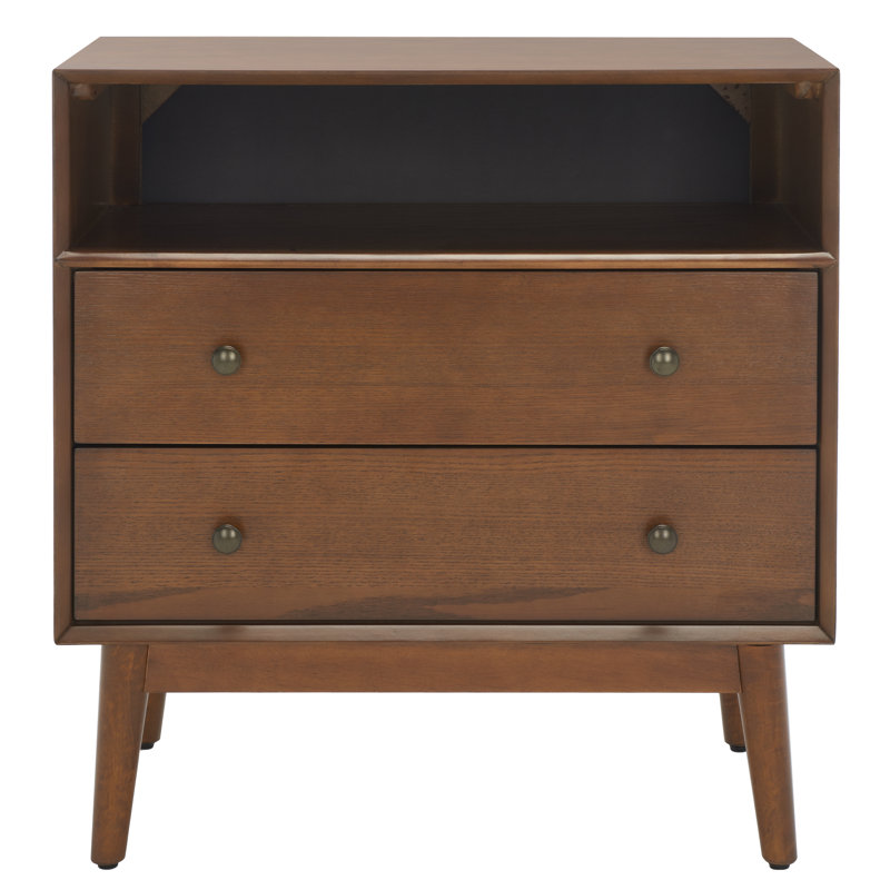Commode décorative 2 tiroirs en bois massif, Chêne médium