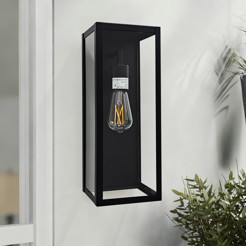 Modern Black Outdoor Wall Sconce, Metal & Glass Exterior Light Fixture With E26 Socket