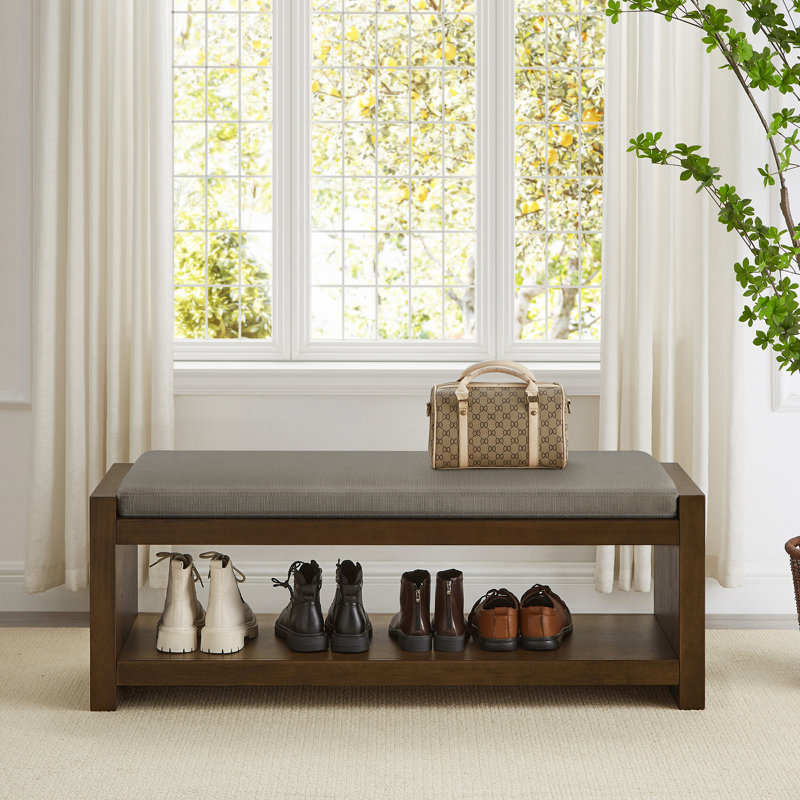 47" Accent Bench with Lower Shelf Shoe Rack, Padded Seating Bench for Living Room, Modern Compact Bed End Bench with Storage for Bedroom Seating, Removable Cushion,  47"W-Granite