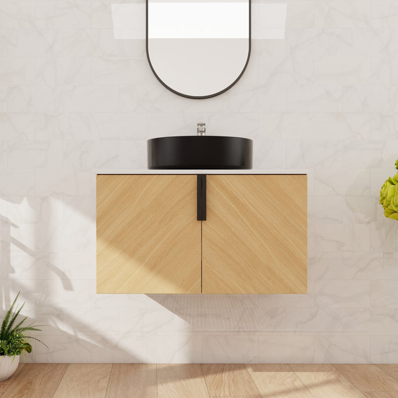 30'' Single Floating Bathroom Vanity With Ceramic Art Sink, Wall Mounted Bathroom Vanity With 2 Soft Close Doors, Black
