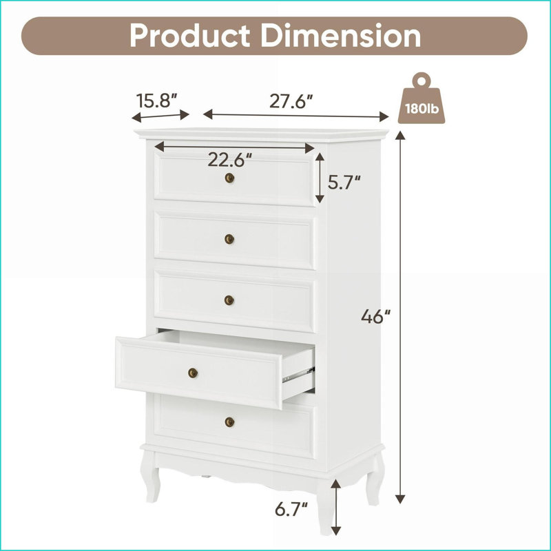 Commodes, commode blanche moderne à 5 tiroirs avec pieds en bois massif Vaste espace de rangement | Blanc | Bois