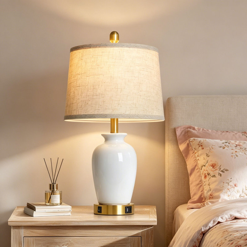 23“ Ceramic Bedside Table Lamp Set with Dual USB Ports and Bulbs, Glossy White