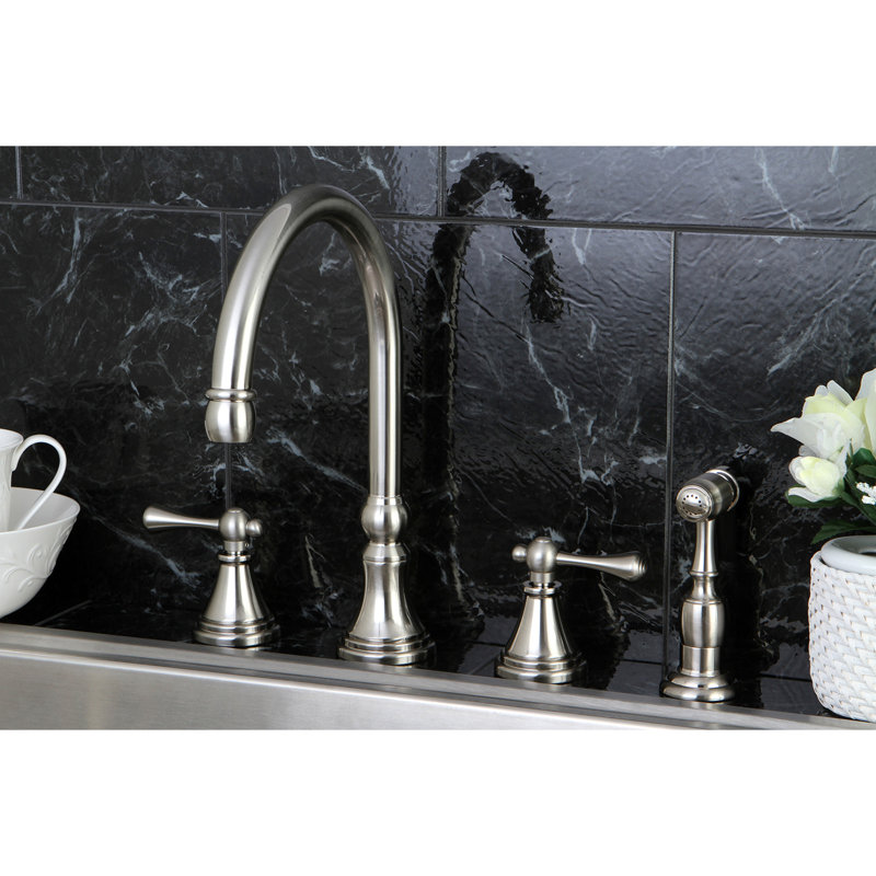 Kingston Brass Governor Double-Handle 4-Hole Widespread Kitchen Faucet with Brass Sprayer, Brushed Nickel