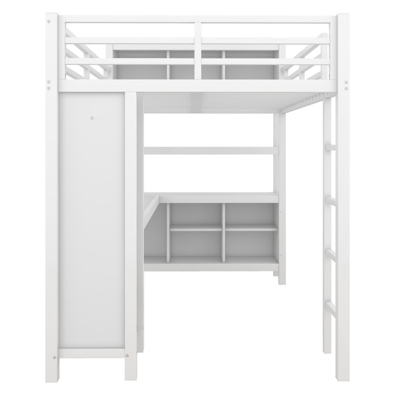 Metal Loft Bed with L-Desk, Wardrobe, Storage Cubes & Shelves – Heavy-Duty Loft Bed for Teens and Adults, White, Queen