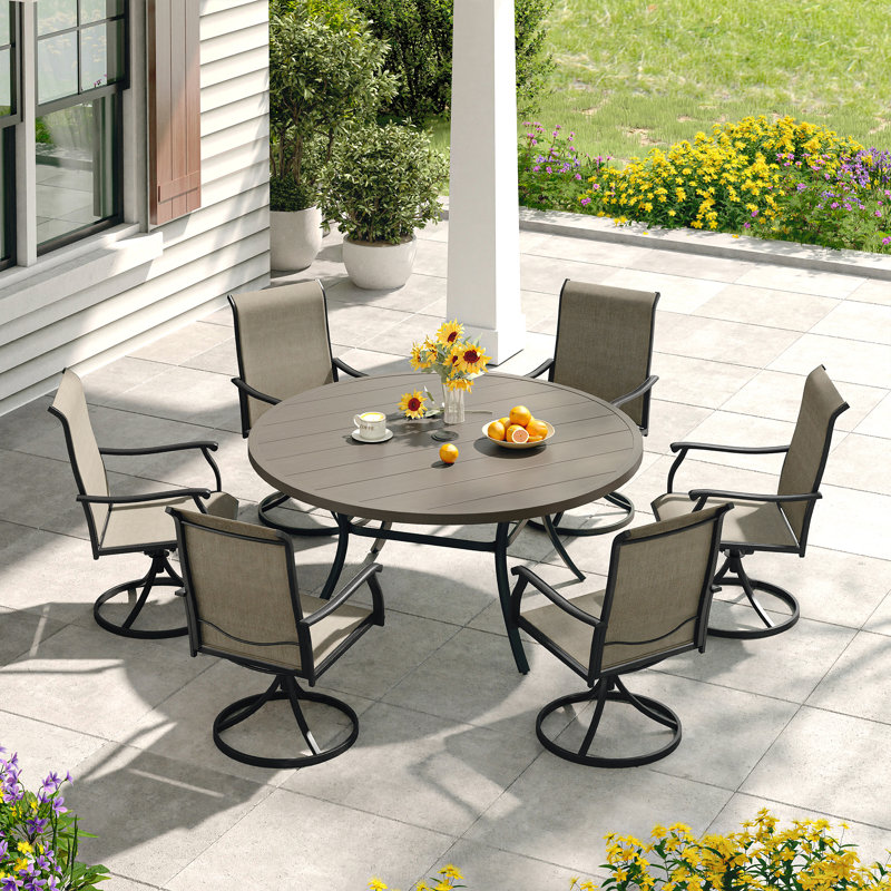 Table de salle à manger ronde en métal avec trou pour parasol, Bois gris / noir, L 53 po x L 53 po x H 28 po 