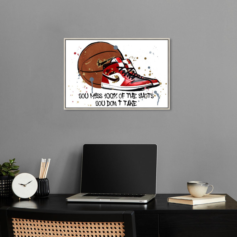 «The Shots You Take Canvas Sneaker» par Notoriart, Cadre argenté, H 17 po x l 25 po
